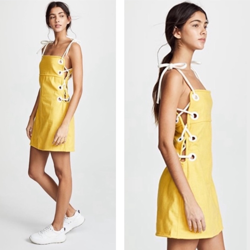 Staud Yellow Linen Raft Mod Mini Tie Shift Dress